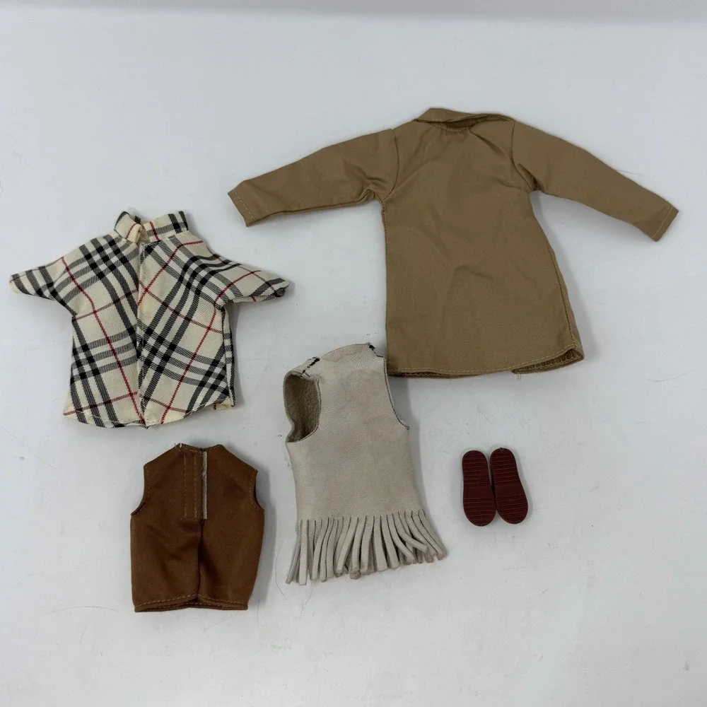 Barbie Size Doll Clothes Lot 5pc Beige Trench Coat Plaid Shirt Vest Shoes Y2K